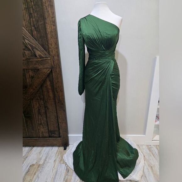 Mac Duggal 11251 One Shoulder Long Sleeve Draped Charmeuse Gown NWT sz 8 Green - Picture 4 of 6
